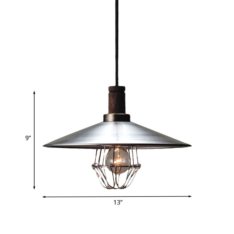 Aluminum Silver Pendant Lighting Flying Saucer 1-Light Farmhouse Ceiling Suspension Lamp with Wire Cage and Wood Cork