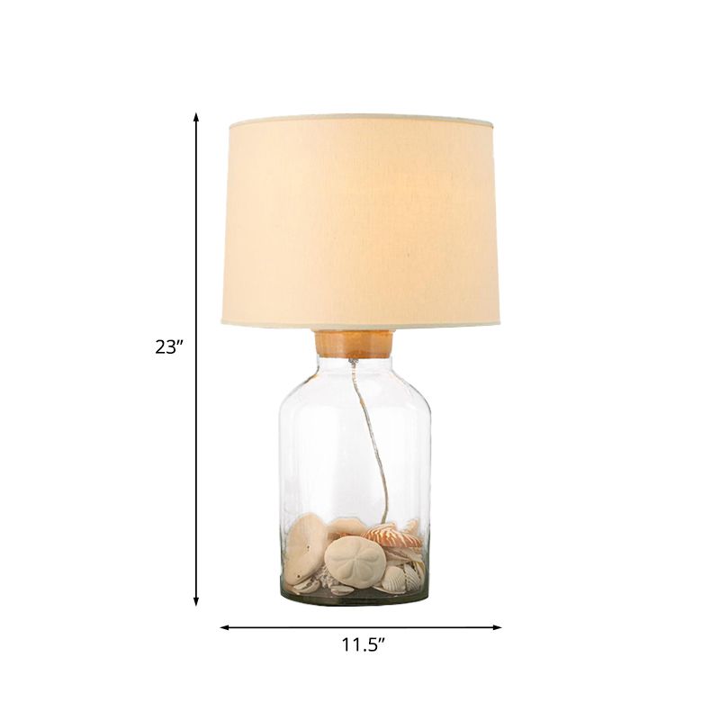 White 1 Bulb Night Table Light Traditional Fabric Barrel Night Lamp with Can-Shape Clear Glass Base