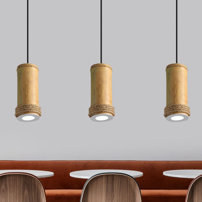 Tube Living Room Pendant Lighting Fixture Industrial Bamboo 1 Head Light Brown Hanging Light Kit with Rope Detail