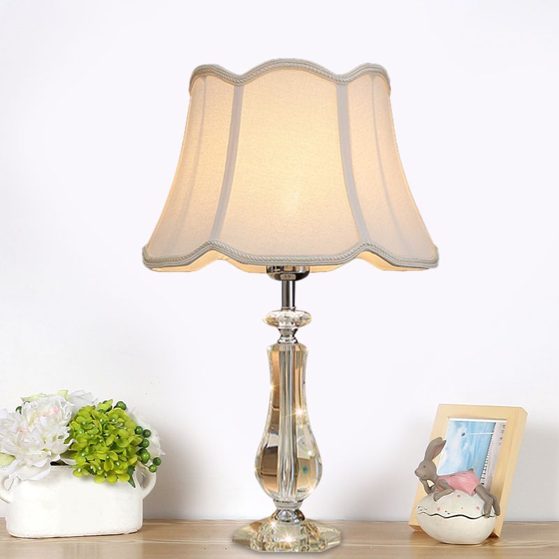 1 Head Flared/Pleated Shade Table Light Traditional Beige/Burgundy/Sky Blue Fabric Nightstand Lamp with Crystal Column