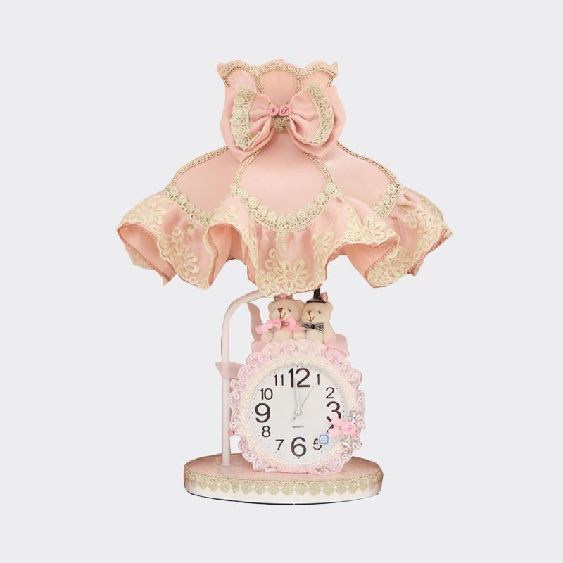 Kids 1 Bulbs Nightstand Light Pink Scalloped Night Table Lighting with Fabric Shade and Clock