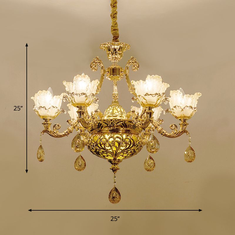 Chandelier suspendu de fleur de luxe 6/8 bulbes de plafond en verre ambré en or avec drapage en cristal