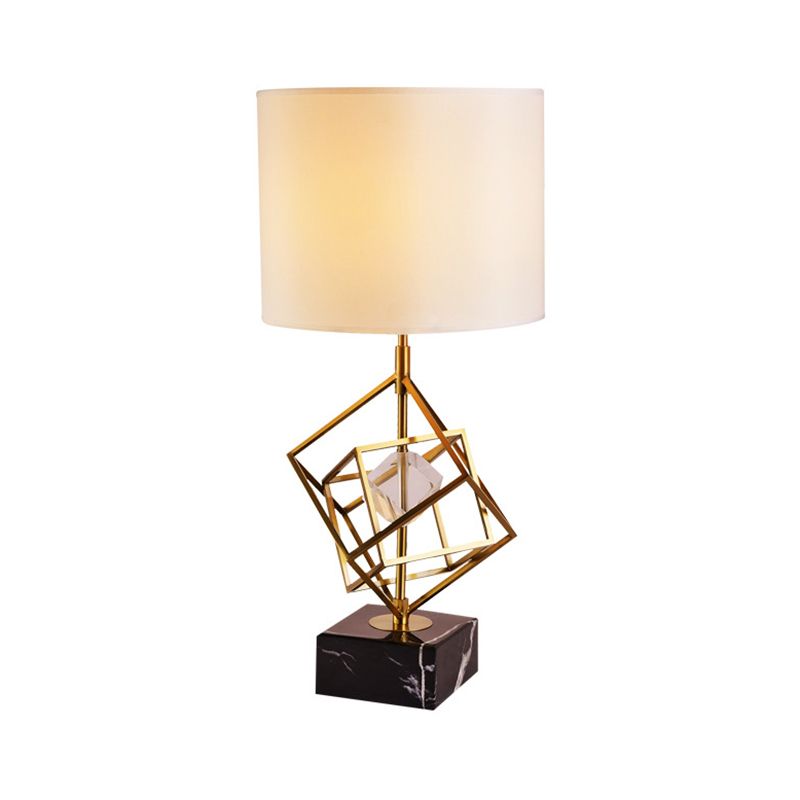 Interlocked Cube Table Lamp Postmodern Metal 1 Light Brass and Black Night Light with Cylinder Fabric Shade