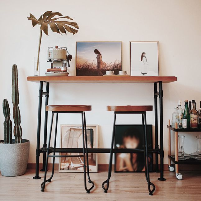 Indoor Solid Wood Trestle Cocktail Bar Table Industrial Footrest Pub Height Dining Table