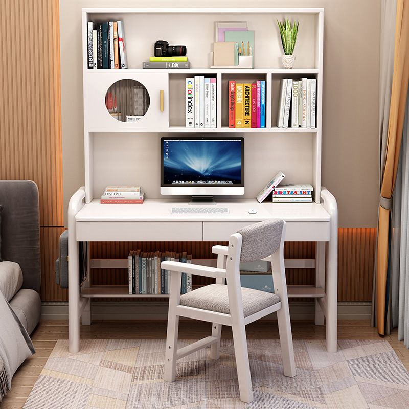 Solid Wood Home Study Desk with Bookshelf Multifunctional Lifting Student Table