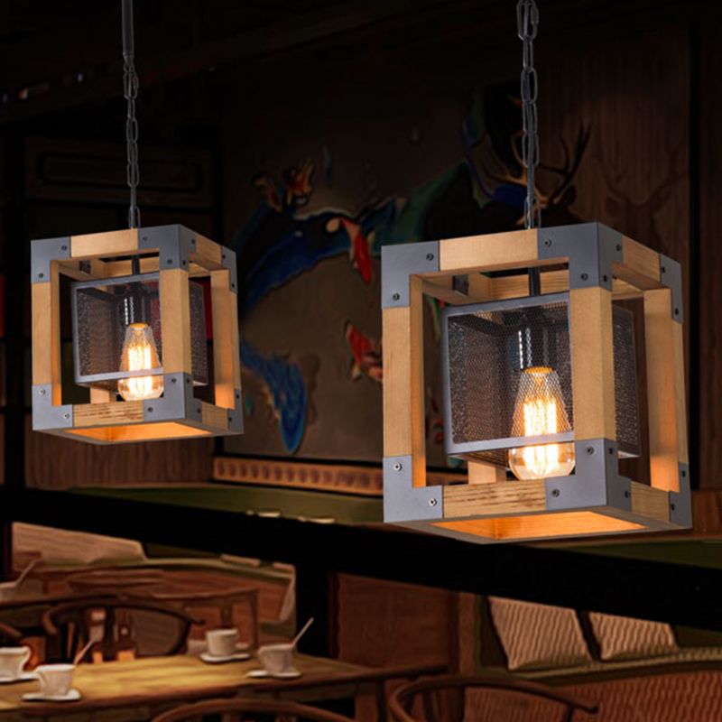 1 Light Hanging Lighting with Cube Frame Shade Wood Industrial Restaurant Pendant Lamp