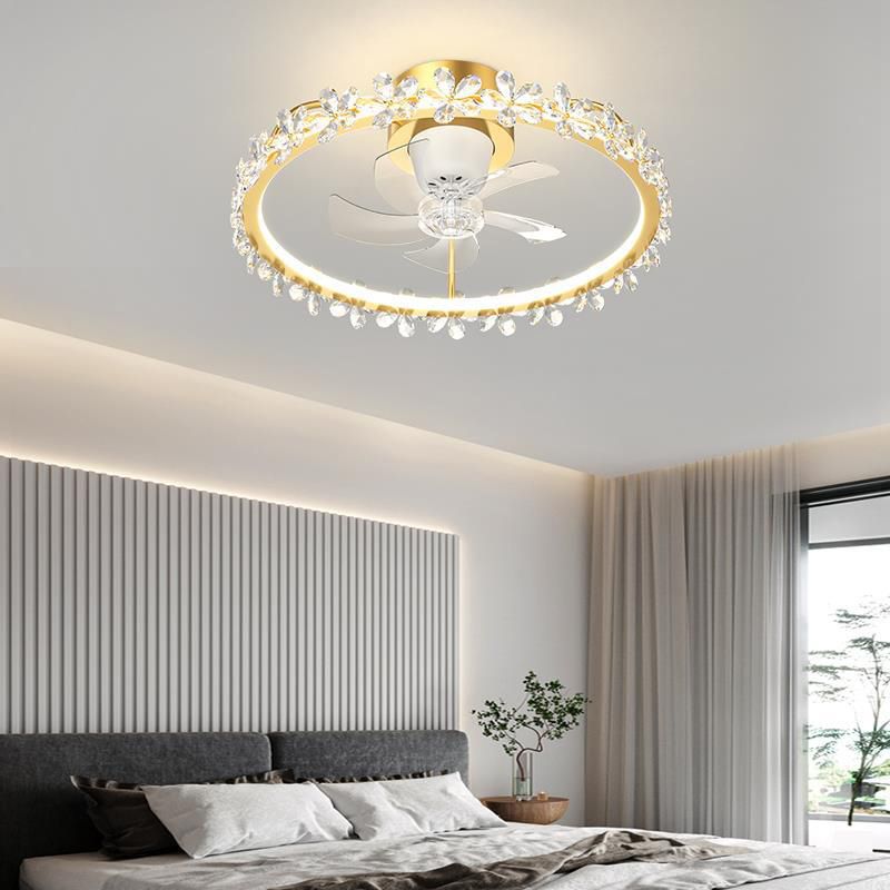 LED Linear Ceiling Fan Light in White & Gold Finish Modern Fan Fixture with Flower Accent