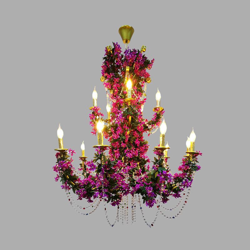 15 Lights Metal Ceiling Chandelier Retro Purple Candle Restaurant LED Lily Down Lighting with Crystal Draping