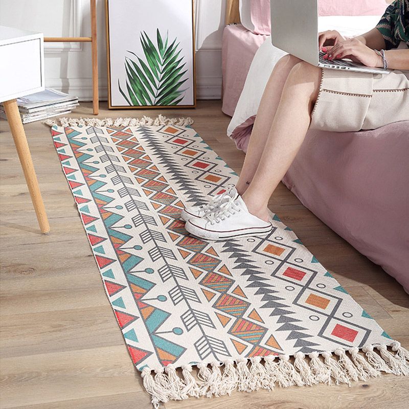 Boho Bedroom Rug Multi-Colored Geo Printed Area Carpet Cotton Easy Care Stain-Resistant Rug with Tassel