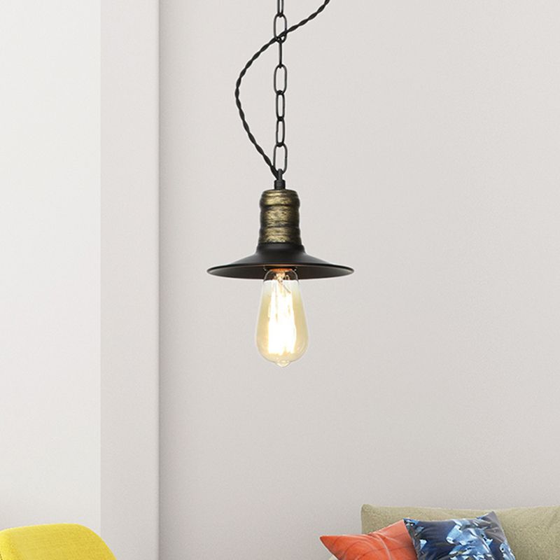 7"/8.5"/10" Wide Wrought Iron Black Pendant Flat 1-Light Retro Hanging Ceiling Light for Living Room