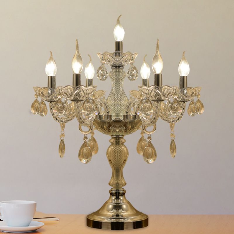 Candelabra Bedroom Table Light Traditional Clear Crystal 5/6/7 Heads Chrome Night Stand Lamp