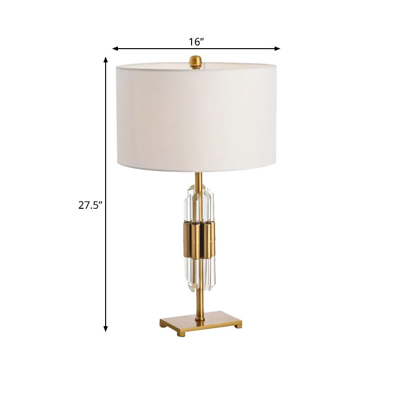 Crystal Rod Nightstand Light Postmodern Single White and Gold Table Lamp with Drum Fabric Shade