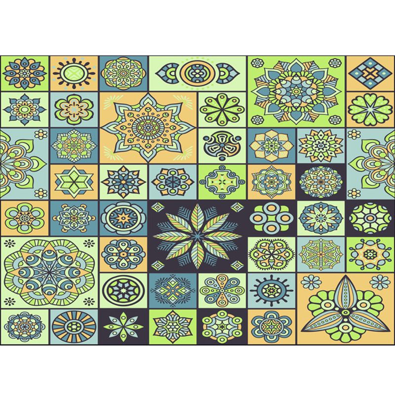 Bohemian Mosaic Tile Print Rug Multicolored Polypropylene Rug Stain Resistant Washable Non-Slip Backing Rug for Home Decoration