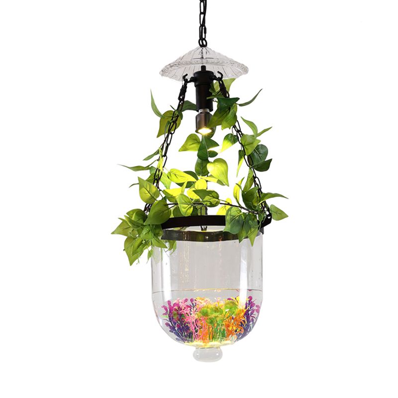 Cloche Eetkamer hanglamp lichtmagazijn helder glas 1 kop zwarte afwerking ophanging verlichting met urn plant pot deco