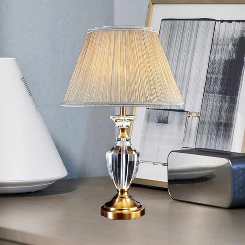 Beige Urn Desk Lamp Modern 1 Head Beveled Crystal Table Light with Cone Fabric Shade