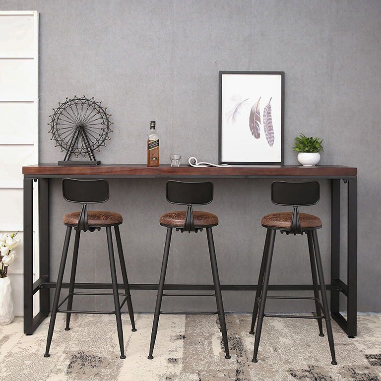 Pine Wood Bar Table Industrial Rectangle Bar Dining Table with Black Trestle Base