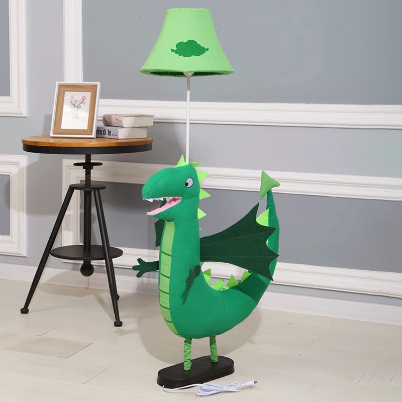 Green Plush Dinosaur Floor Lamp Cartoon 1 Bulb Fabric Standing Light with Shade for Kids Room