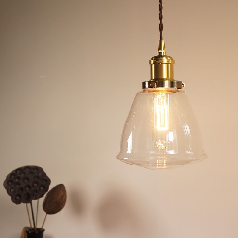 Brass 1 Bulb Pendant Lighting Fixture Vintage Clear Glass Cone Hanging Ceiling Lamp