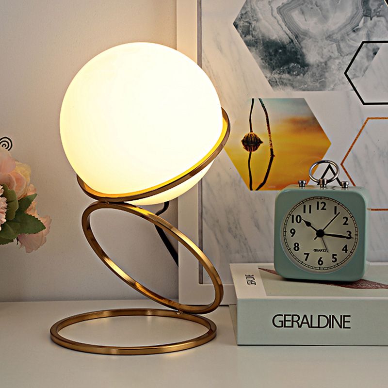 Golden Ring Night Lamp Minimalist 1-Light Metal Table Light with Ball Milk Glass Shade