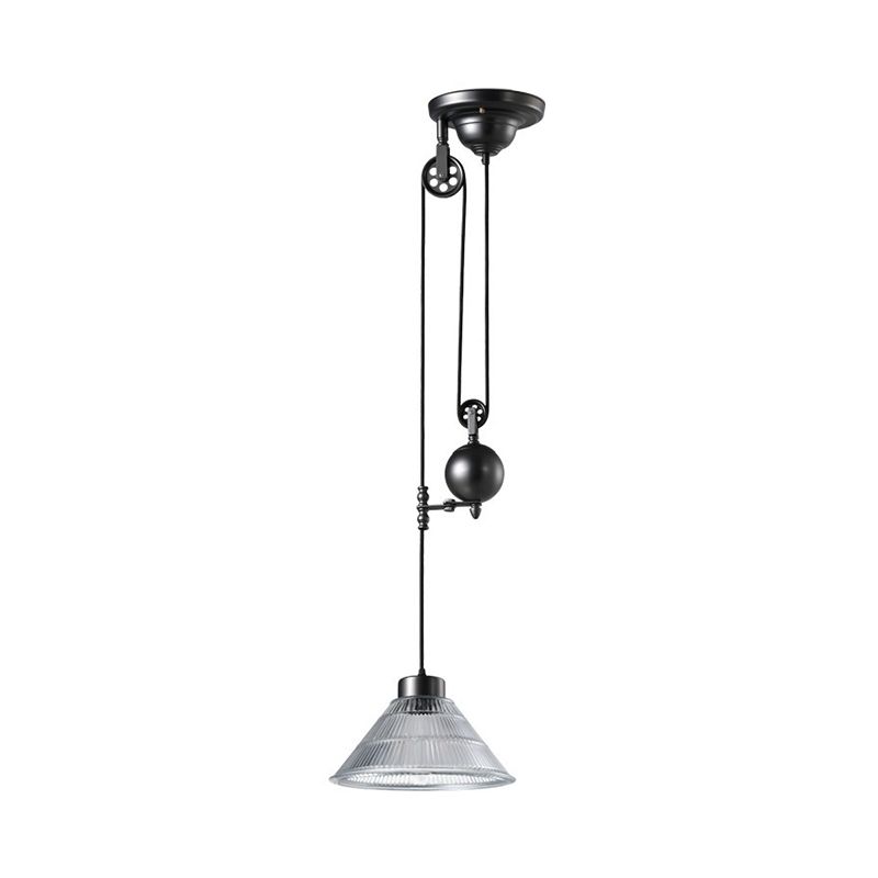 1 Head Ceiling Hang Light Industrial Ribbed Cone Clear Glass Pendant Lamp with Pulley in Black