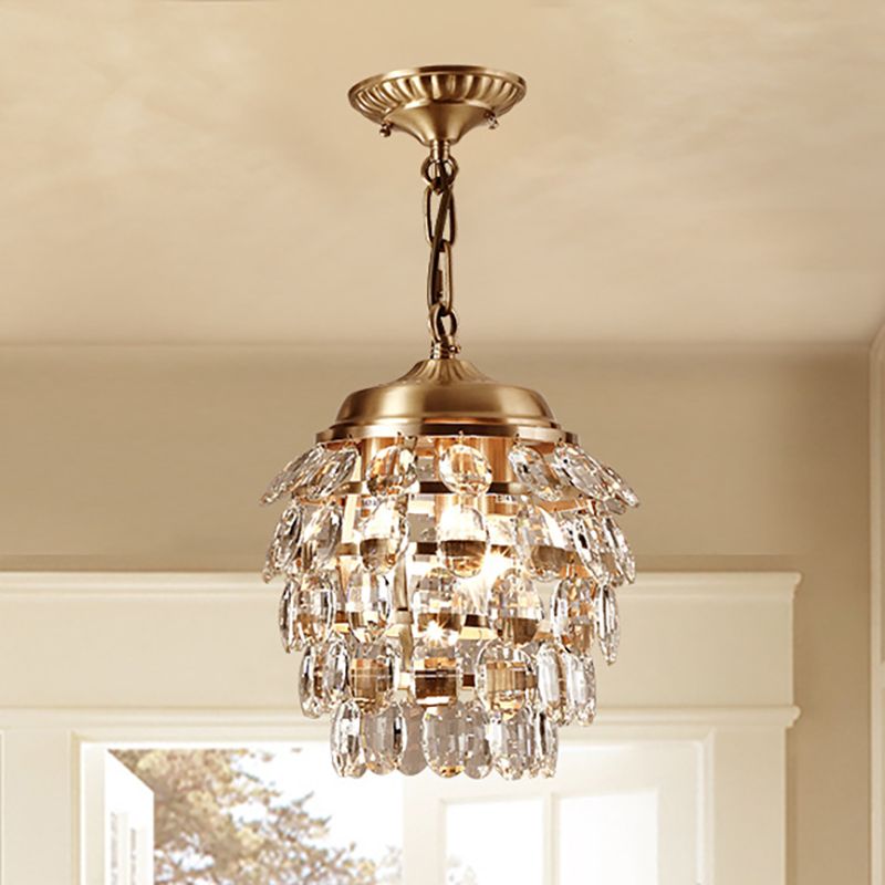 Postmodern 5 Tiers Faceted Clear Glass Chandelier Lamp 3 Lights Suspension Light in Gold