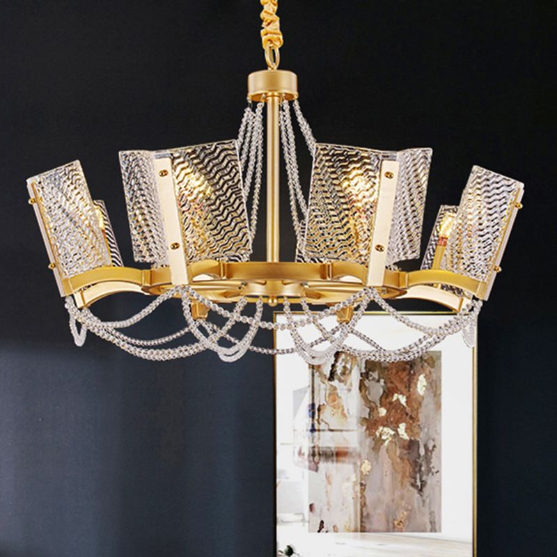 Simplicity Beaded Pendant Chandelier Crystal 6/8 Heads Living Room Hanging Lamp Kit in Brass with Panel Shade