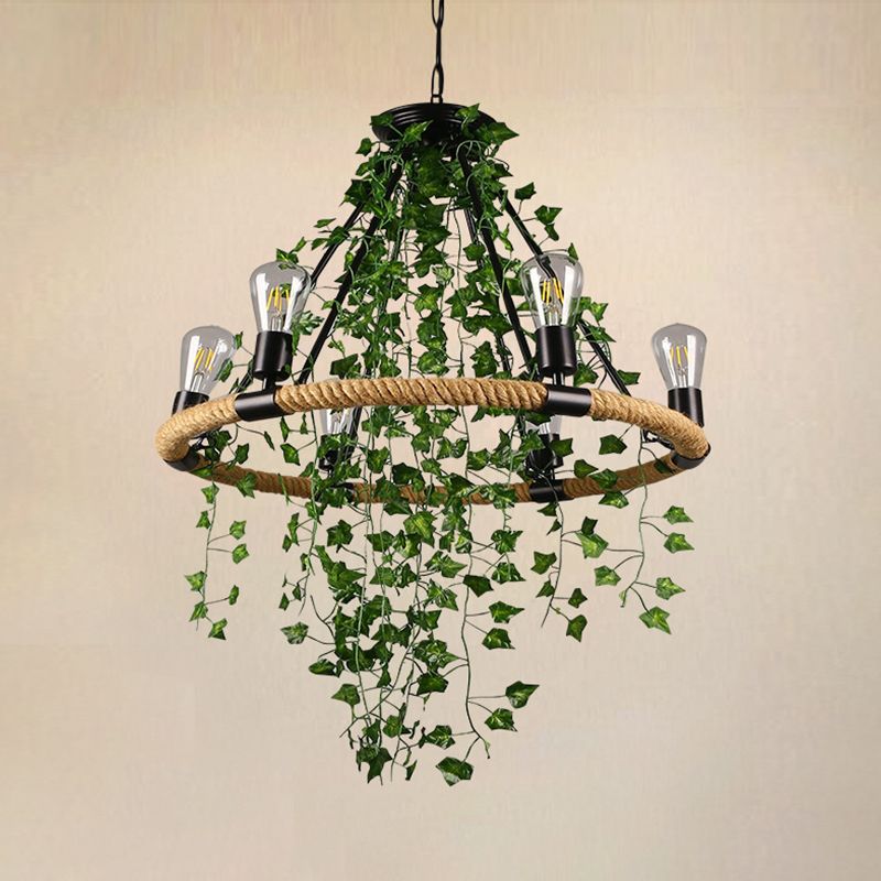 Manila Rope Green Chandelier Lamp Circle 6/8/14 Heads Antique Suspension Lighting Fixture with Vine Deco