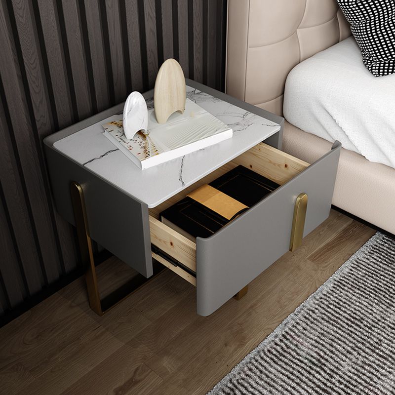 Glam Leather Nightstand Stone Top One-Drawer Night Table with Metal Frame