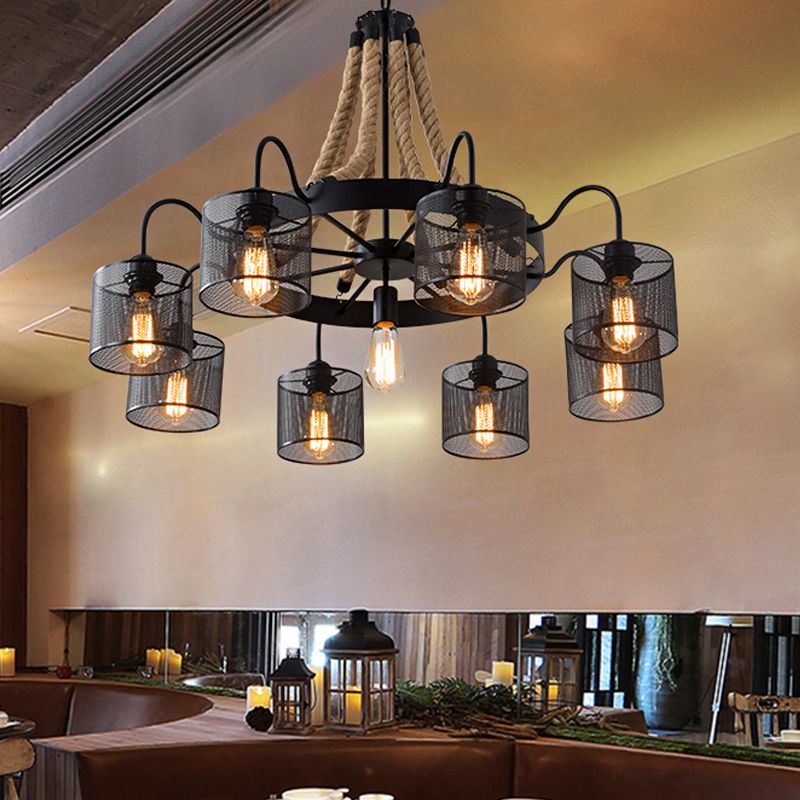 8/12-Light Cylinder Hanging Chandelier Factory Black Metal Mesh Suspension Pendant for Restaurant with Rope Cord