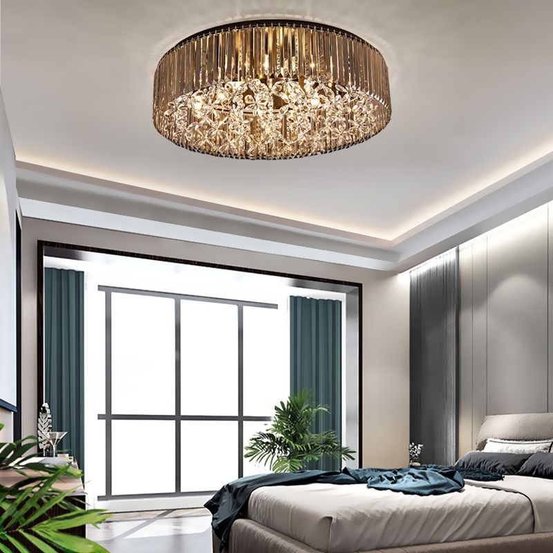 Black Round Recessed Mount Light Contemporary 4 Lamp Crystal Rod Ceiling Light, Warm Light