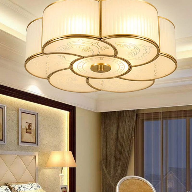 White Glass Flush Mount in Colonial Retro Style Copper Ceiling Light for Bedroom