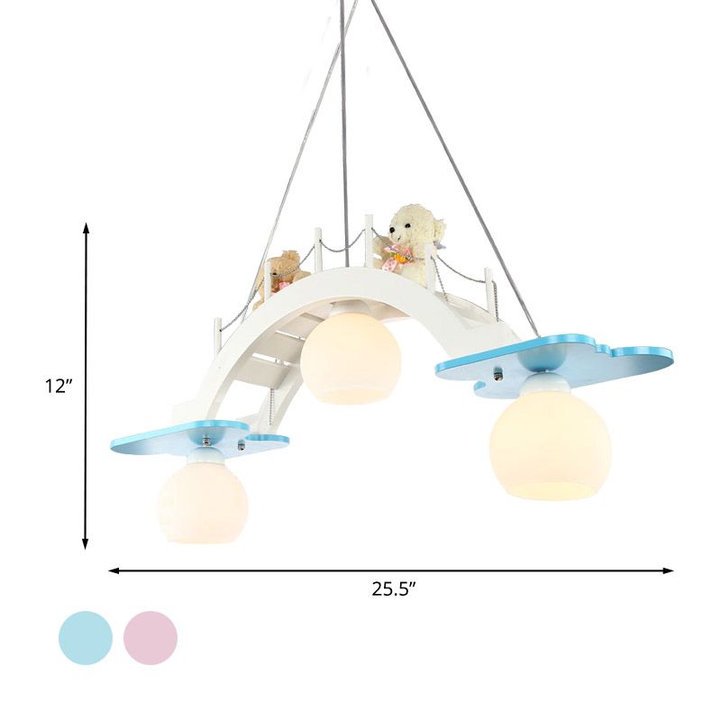 Bridge Nursery Cluster Pendant Lamp Wooden 3 Heads Kids Suspension Light in Blue/Pink with Cream Glass Shade