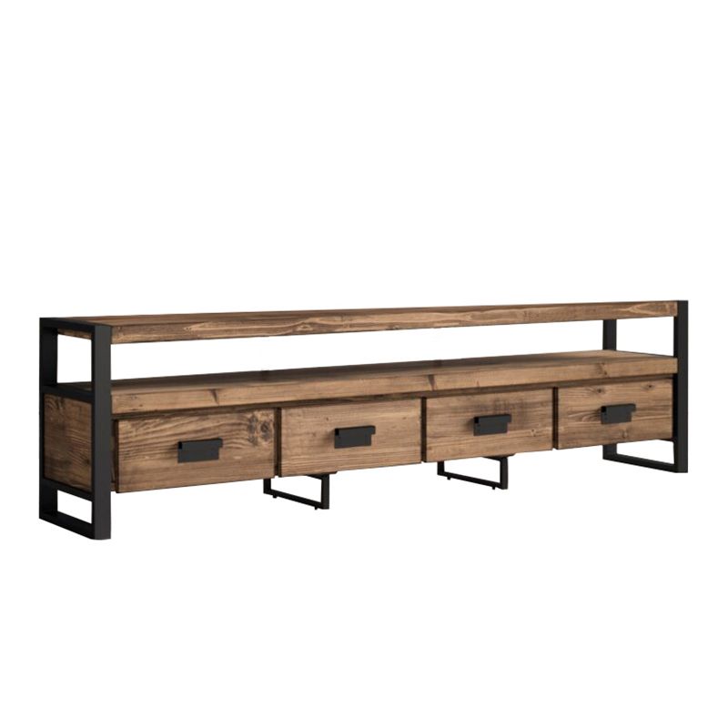 Brown Media Console with Shelves Industrial Pine Wood Top TV Media Stand