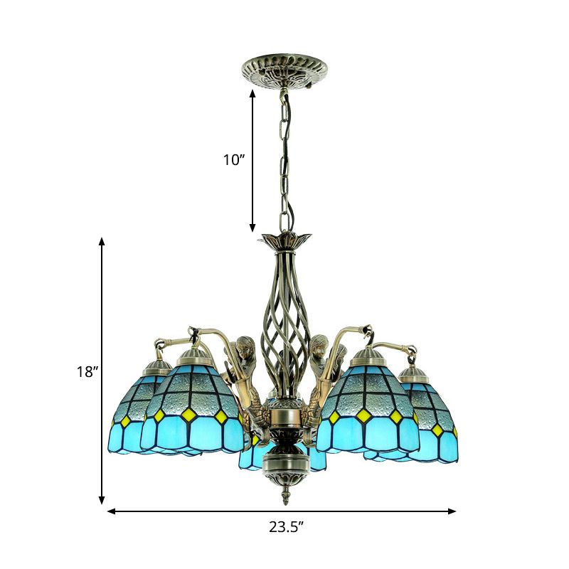 Dome Stained Glass Chandelier Lamp Tiffany Style 5 Lights Blue Pendant Lighting