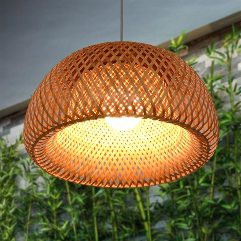 Double Walled Dome Hanging Lamp Asian Bamboo 1-Light Beige Hanging Pendant for Restaurant