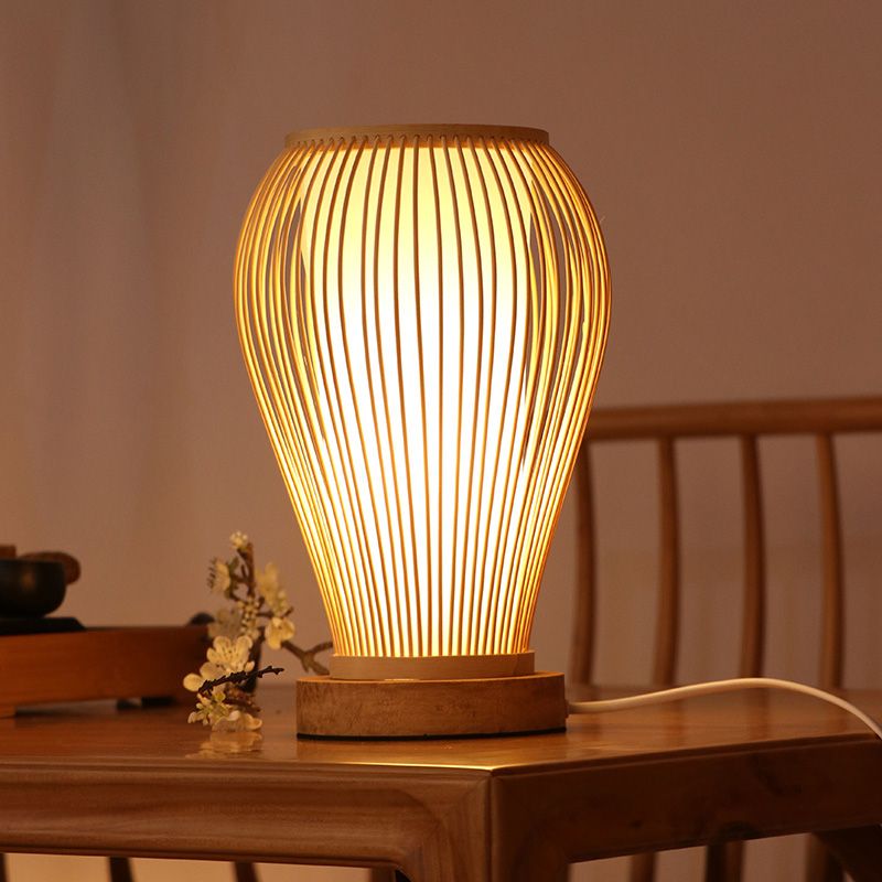 Urn Table Lamp Asian Style Bamboo Single Bulb White Desk Light with Inner Cylinder Shade