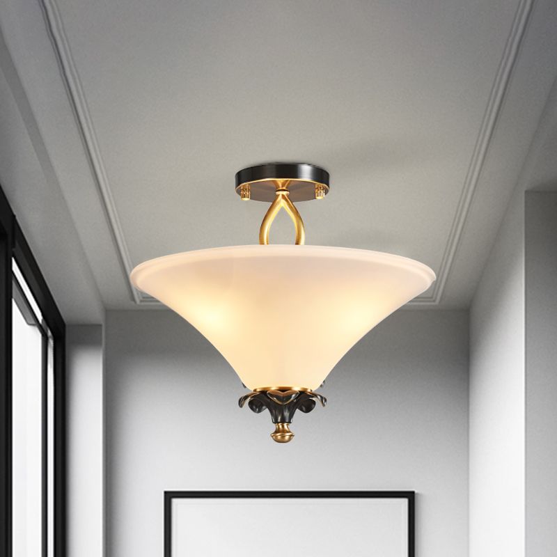 Horn Shape White Glass Semi Flush Lamp Country Style 3 Lights Bedroom Flush Ceiling Light in Brass