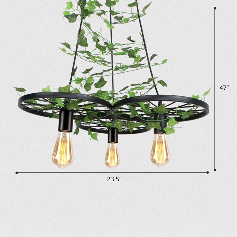 Green Ceiling Light Rustic Metal Wagon Wheel Hanging Lamp with Ivy Decor for Restaurant