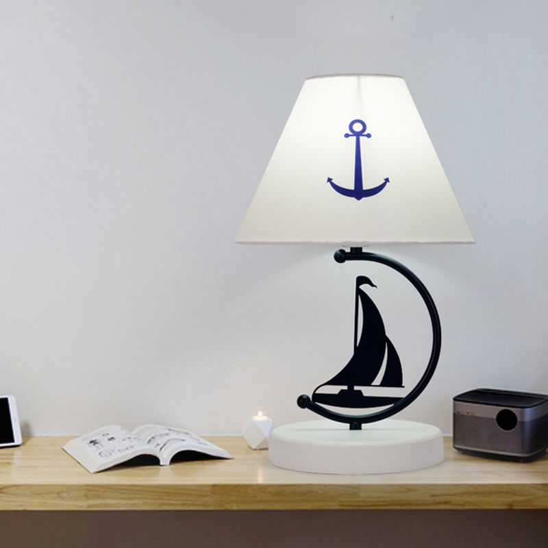 Mediterranean Sailboat Table Light Metal Single Bedside Nightstand Lamp in Black with Conical White Fabric Shade