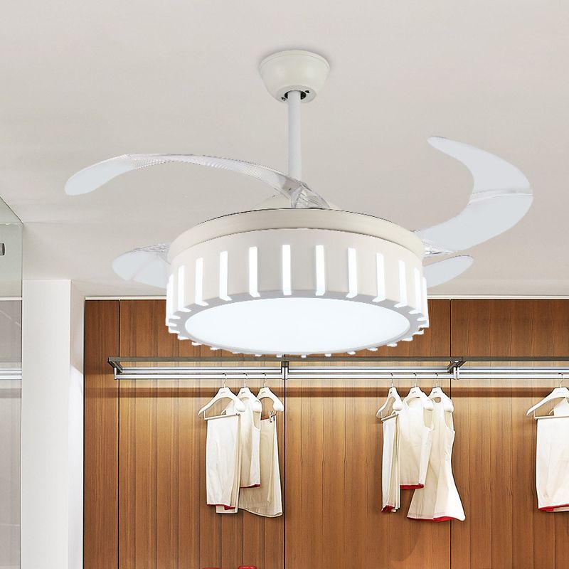 Simple Drum Semi Flush Ceiling Lamp Metal LED Pendant Fan Light in White with 4 Clear Blades for Bedroom, 42" Wide