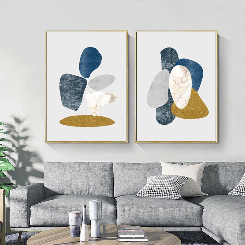 Minimalist Pebbles Drawing Art Print House Interior Canvas in Blue-Grey on White