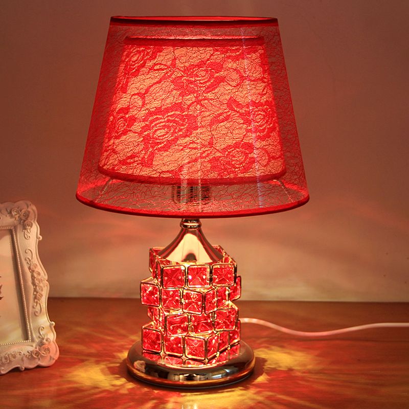 1 Head Rose Printed Fabric Table Lamp Vintage Romantic Red/Gold Dual Cone Shade Night Light with Cube Crystal Base