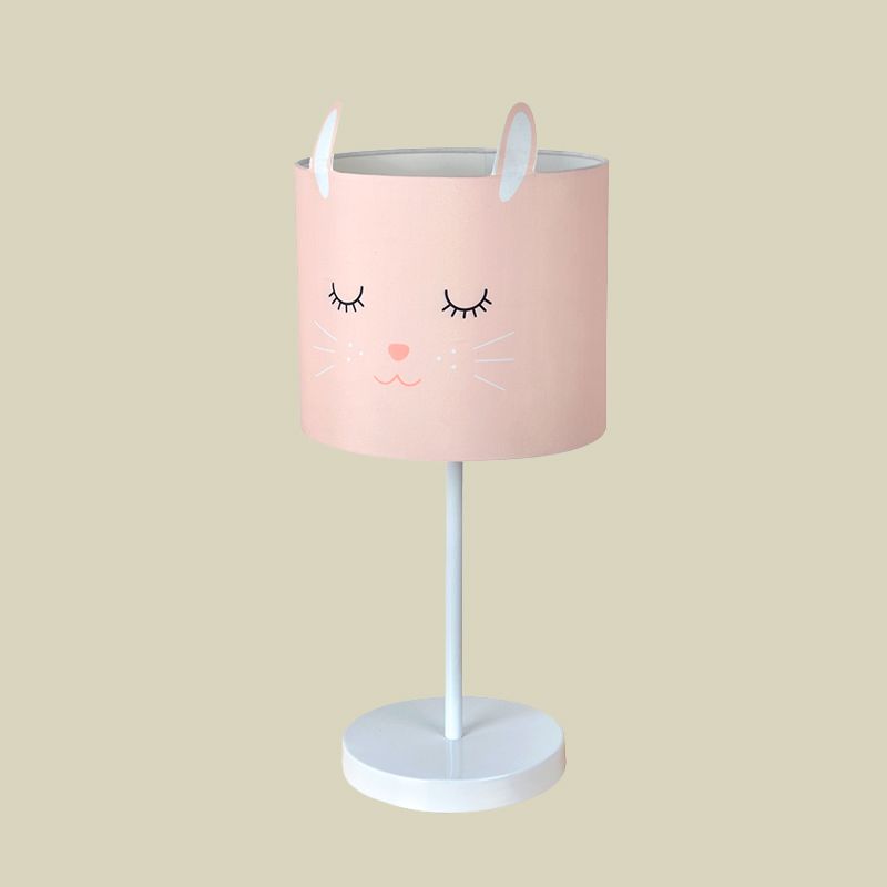 Contemporary Drum Table Lamp Fabric 1 Light Bedroom Night Light with Rabbit Pattern in White/Pink