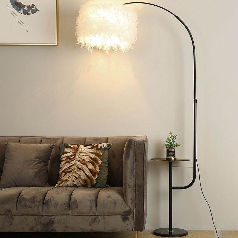 Drum Shaped Feather Standing Lamp Nordic 1-Bulb Black/White Gooseneck Floor Light with/without Tray