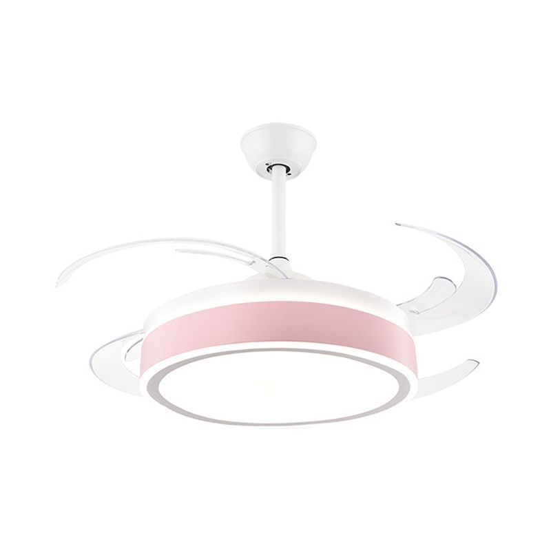 Metalen ronde hangende ventilator licht eenvoudig moderne 4 bladen led semi -spoel gemonteerde lamp in grijs/roze/blauw voor eetkamer, 47 "breed