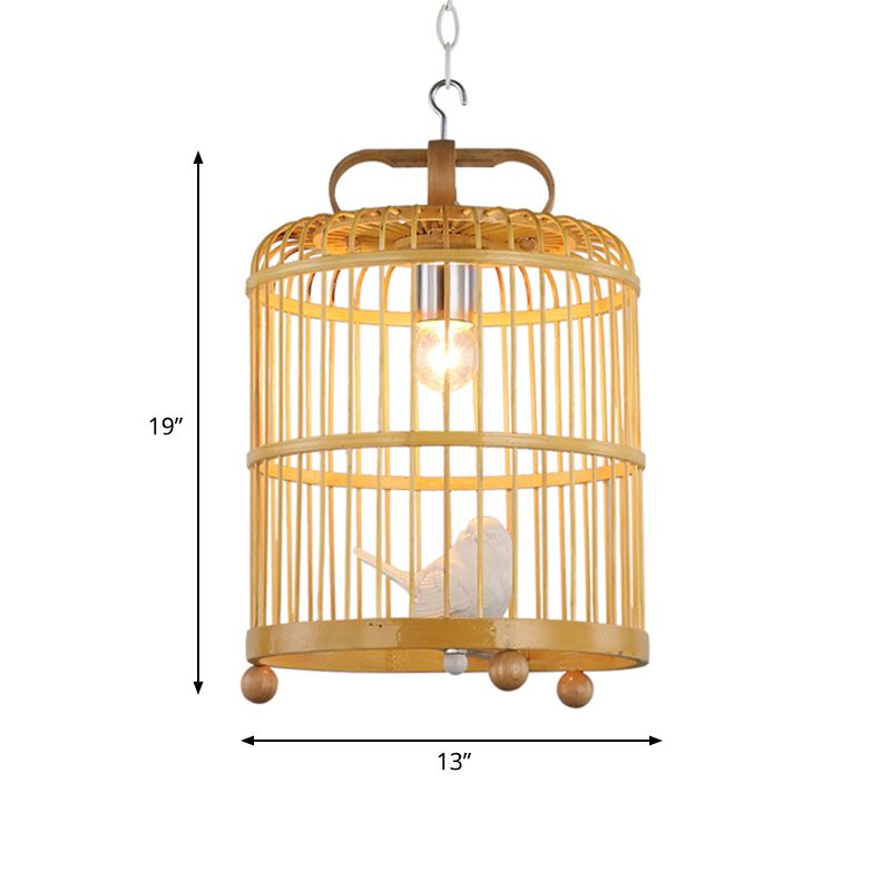 Bamboo Birdcage Shade Pendant Light With Bird Accent Style chinois 1 tête de tête beige lampe, 8 "/ 10" de largeur