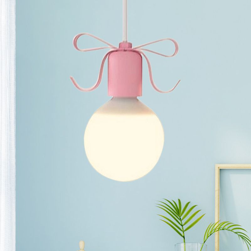 White Glass Modo Hanging Light Kit Macaron 1-Head Grey/Pink Finish Ceiling Pendant Lamp with Bow Deco