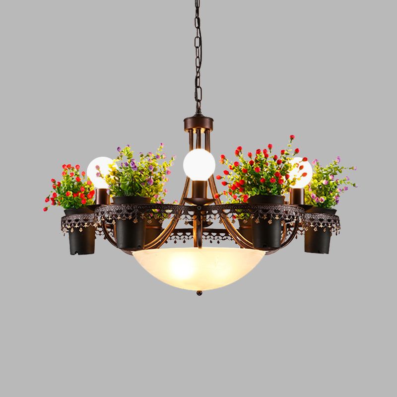 Bowl Restaurant Chandelier Pendant Light Opal Glass 9-Bulb Black Ceiling Lamp with Potted Plant