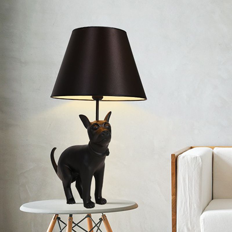 Resin Dog Nightstand Lamp Country Style 1 Bulb Bedroom Night Table Light in Black with Cone Fabric Shade