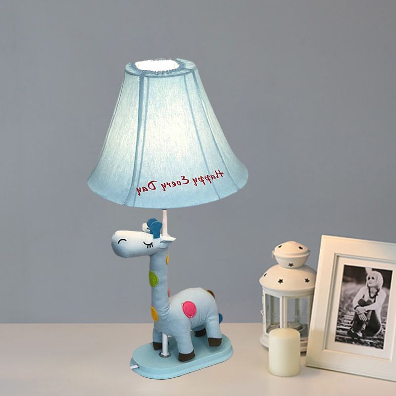 Flared Script-Print Fabric Table Lighting Kids Single-Bulb Yellow/Blue/Pink Night Lamp with Giraffe Base